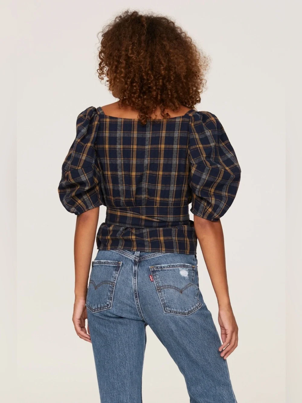Madewell Sweetheart Wrap Ash Top Plaid Puff-Sleeve Wrap Top Navy & Brown Size S